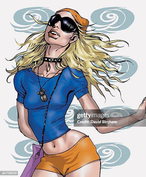 portrait of a young woman with long blond hair and wearing shorts and sunglasses - daisy dukes stock illustrations