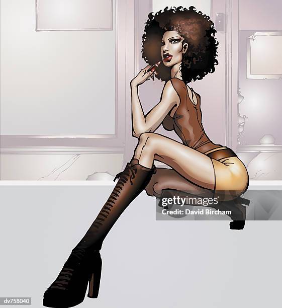 portrait of a young woman crouching wearing knee high boots - daisy dukes stock illustrations
