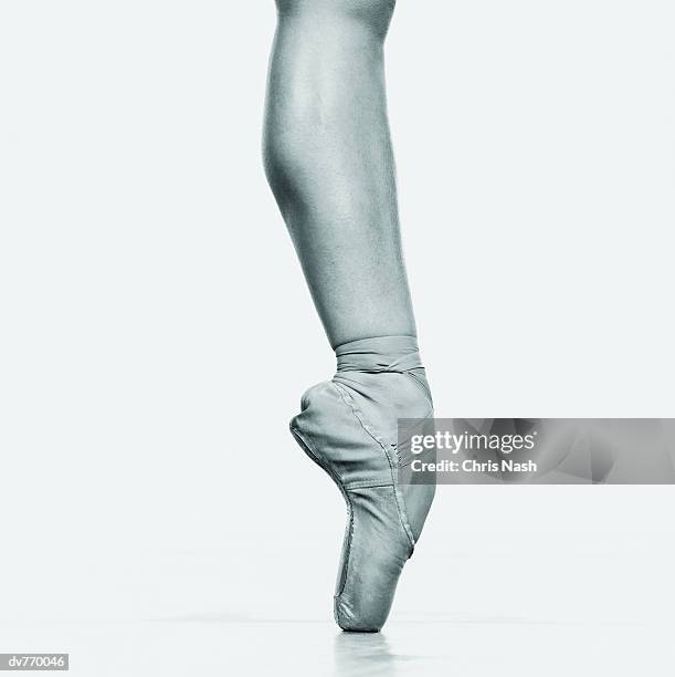 close up of ballet dancer's leg standing on tiptoe - ballett stock-fotos und bilder