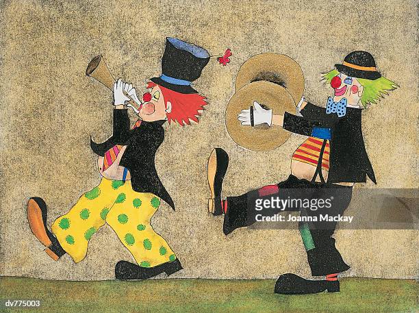 two clowns marching - clown stock illustrations