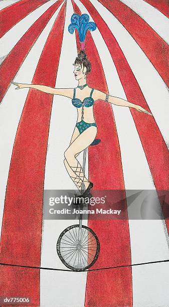 circus performer riding a unicycle on a tightrope - woman tightrope stock illustrations