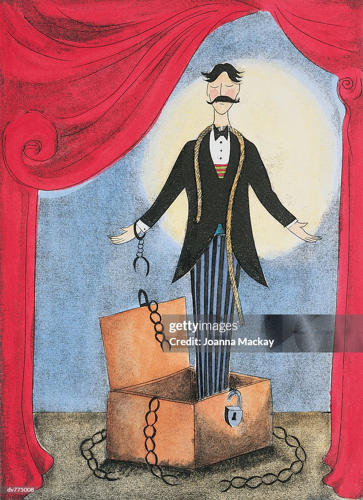 Magician Escaping From a Box and Chains
