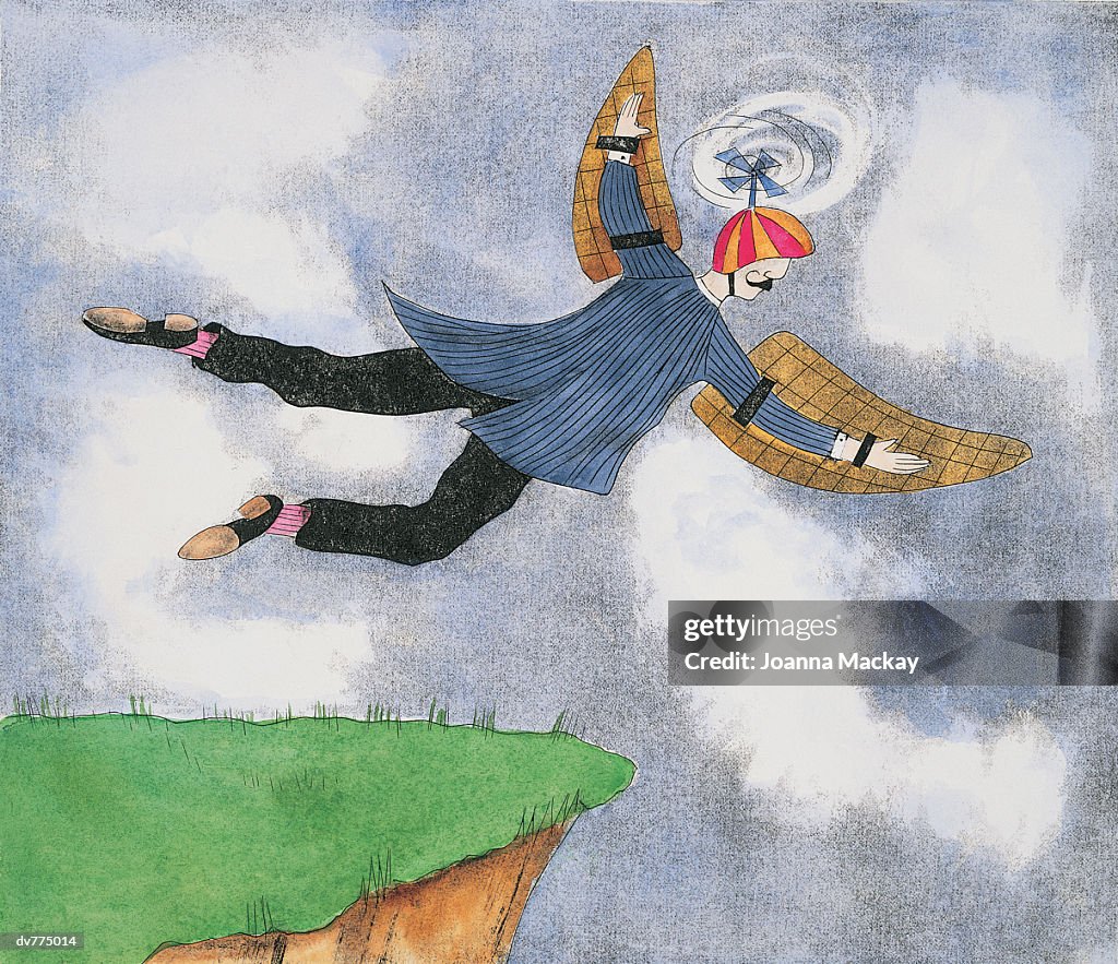 Man Flying Wearing Wings and a Propeller Hat