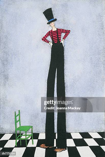 tall man looking down at a chair - stelze stock-grafiken, -clipart, -cartoons und -symbole