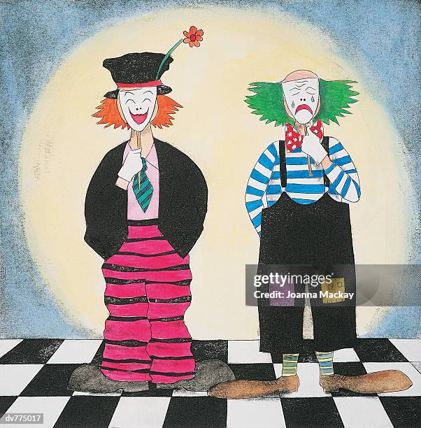 two clowns holding happy and sad masks in front of their faces - disguise stock illustrations