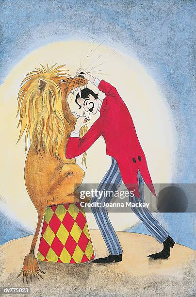 lion tamer putting his head inside a lion's mouth - ライオン使い点のイラスト素材／クリップアート素材／マンガ素材／アイコン素材