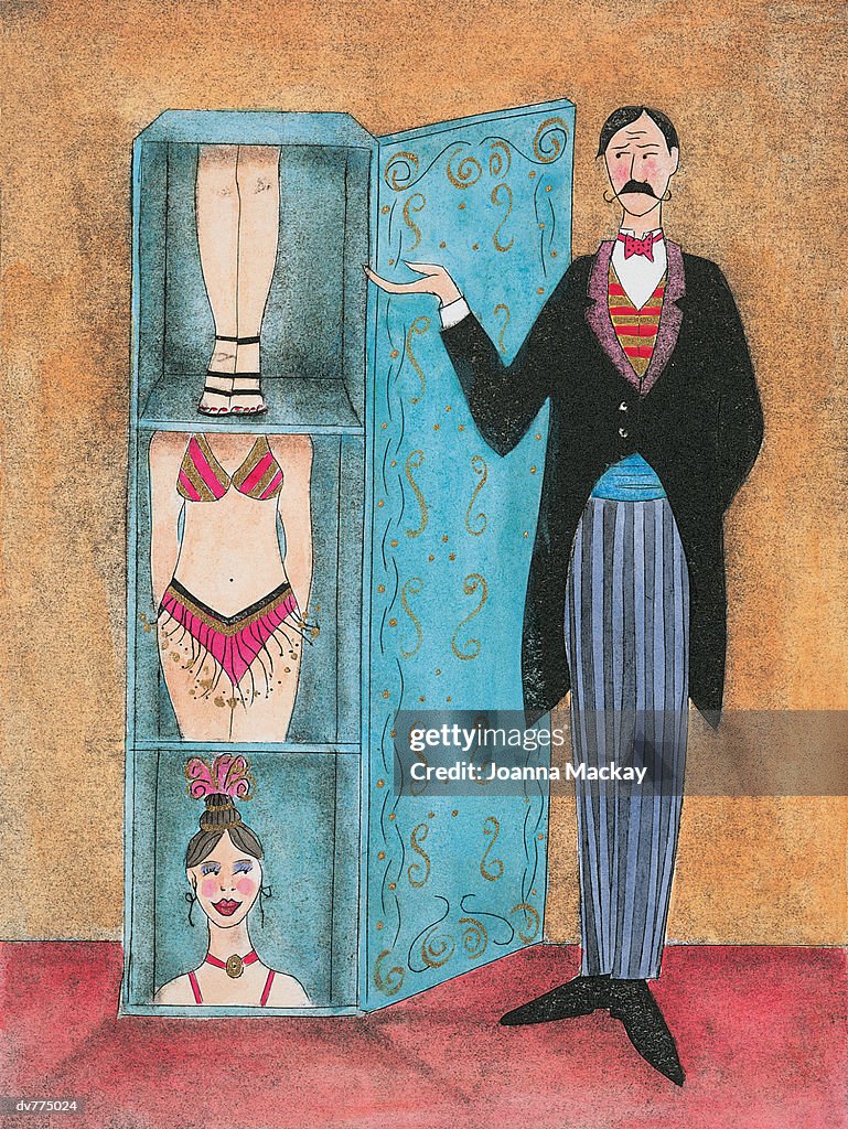 Magician Standing Next to a Box With a Woman in Parts Inside
