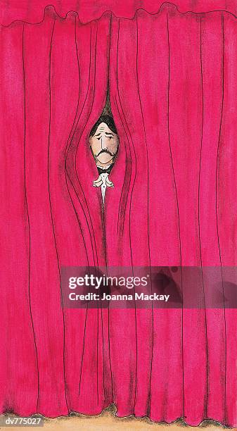 performer looking out from behind a stage curtain - stage fright stock illustrations