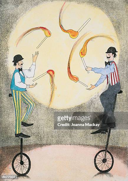 two jugglers riding unicycles juggling burning objects - mackay stock illustrations
