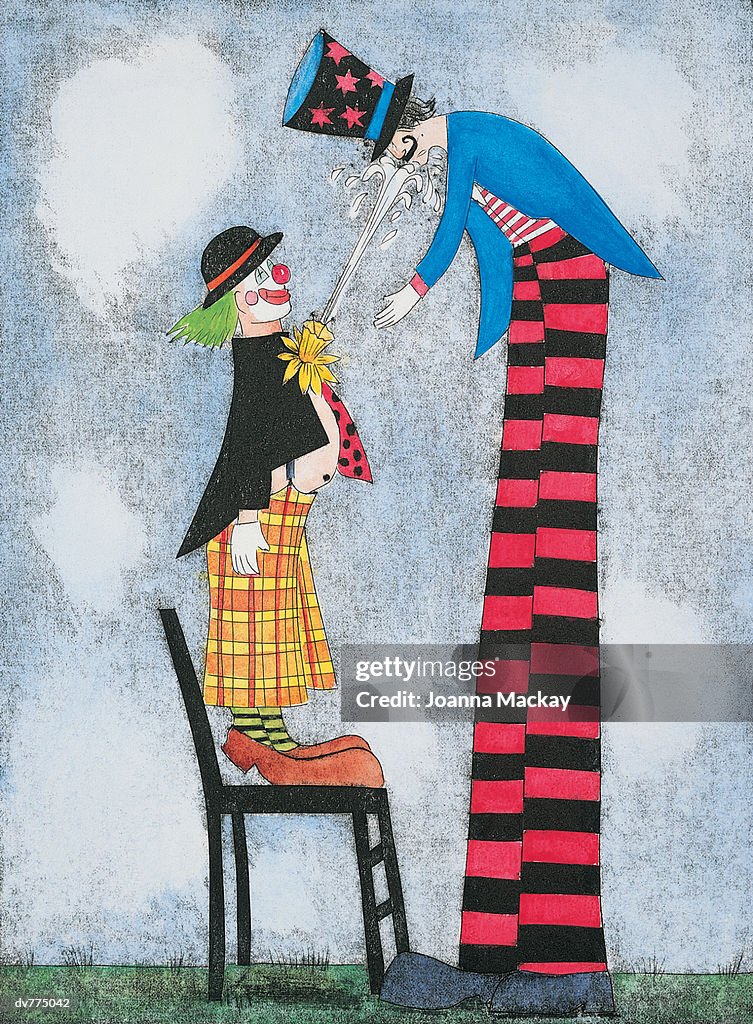 Clown Spraying Water at a Tall Man on Stilts