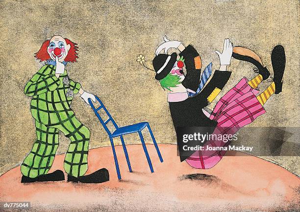 clown pulling a chair and surprising another clown - zirkuskünstler stock-grafiken, -clipart, -cartoons und -symbole