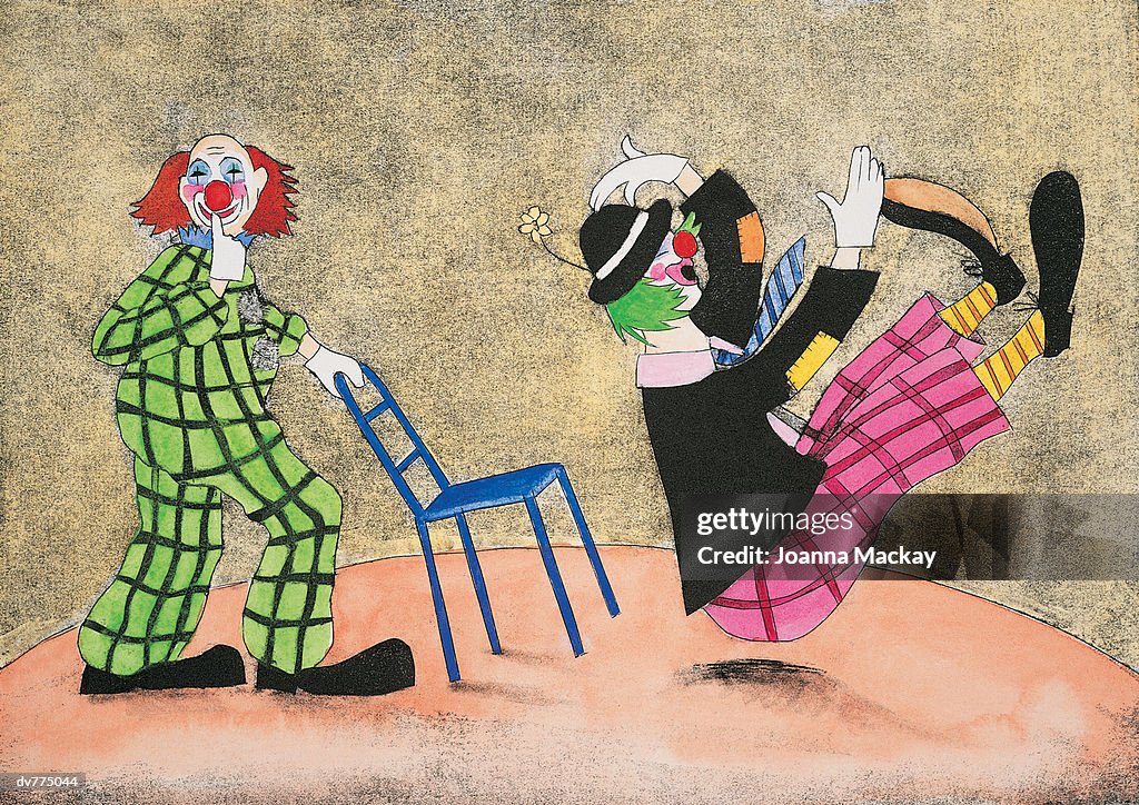 Clown Pulling a Chair and Surprising Another Clown