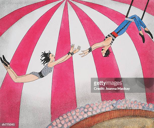 male trapeze artist  swinging on a trapeze catching a female trapeze artist - trapezstange stock-grafiken, -clipart, -cartoons und -symbole