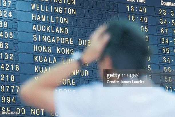 man with a hand on his head looking at an airport's arrival departure board - hand on head foto e immagini stock