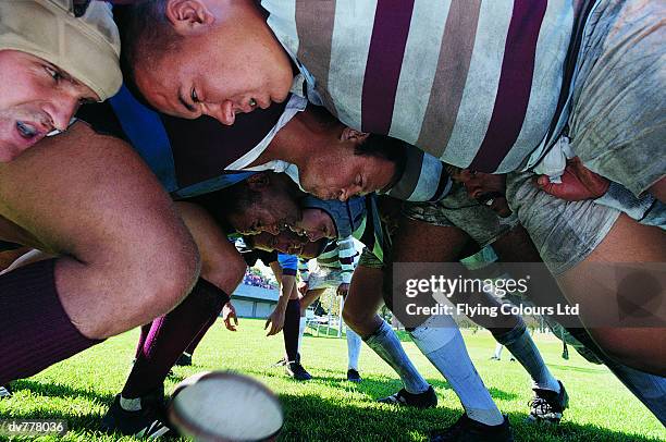 rugby union players in a scrum - scrummen stockfoto's en -beelden