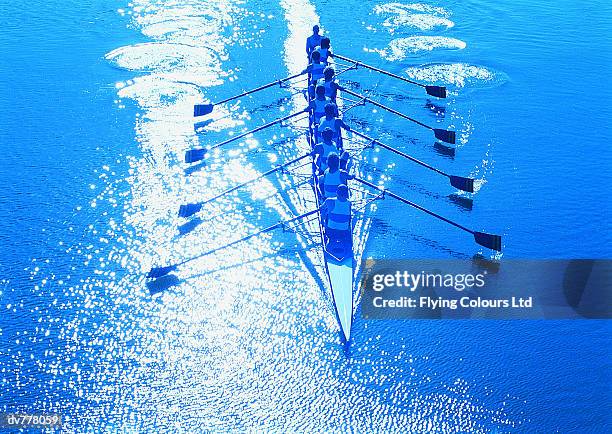 elevated view of men sculling on a river - flying squad stock pictures, royalty-free photos & images