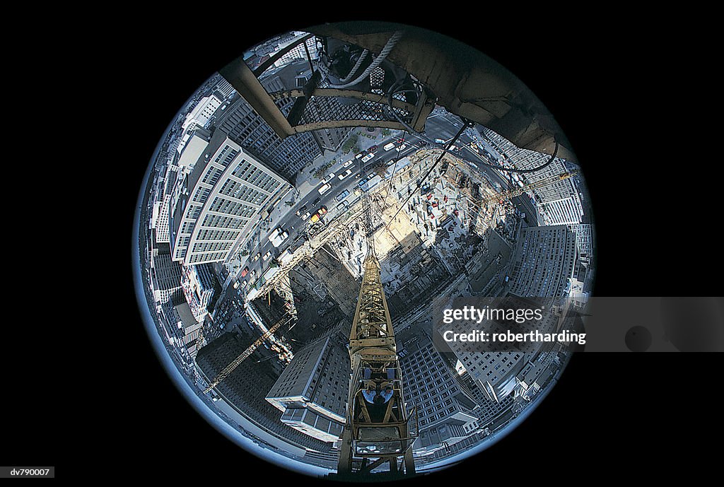 High Angle View of City Street from a Crane Taken through a Fisheye Lens