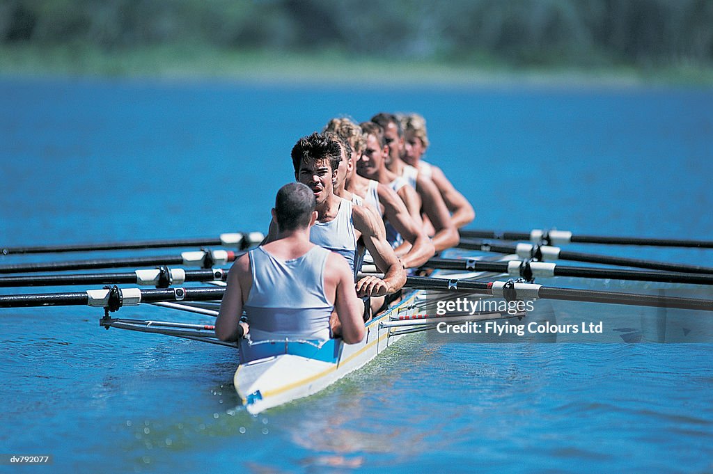 Seven Men Sculling on a River