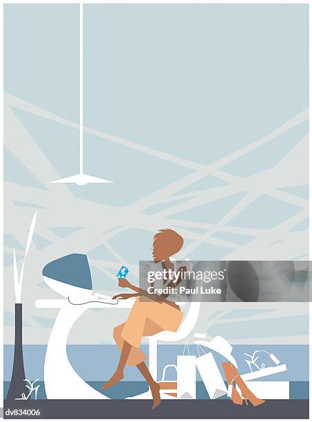 young woman using a computer - using desktop computer at home stock illustrations