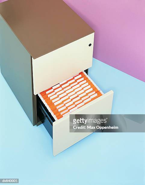 elevated view of an open filing cabinet - filing stock-fotos und bilder