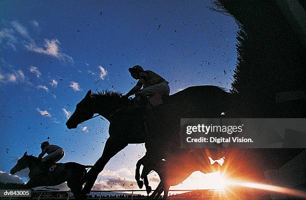 silhouette of horses jumping a steeplechase - corrida de obstáculos corrida de cavalos - fotografias e filmes do acervo