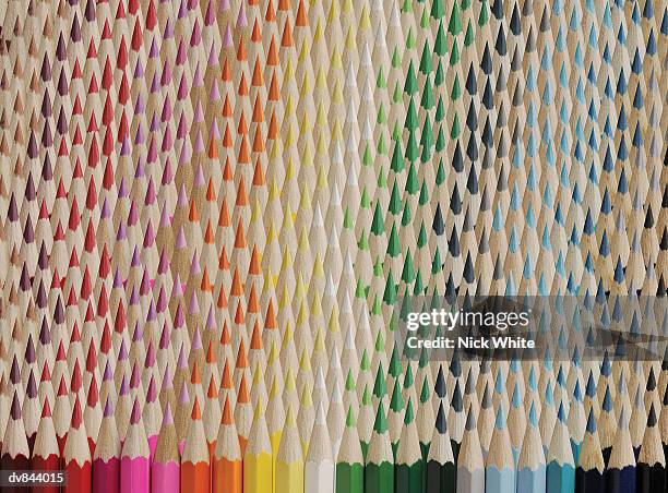 large group of colouring pencils arranged in lines - colouring fotografías e imágenes de stock