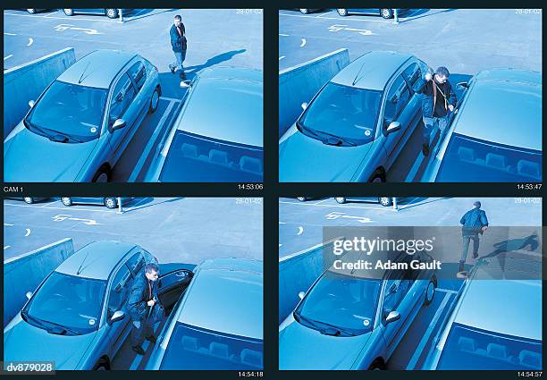 video stills from cctv camera showing man committing car theft - image pixellisée photos et images de collection