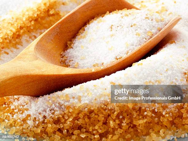 white and brown sugar with wooden scoop - granulated sugar stock pictures, royalty-free photos & images