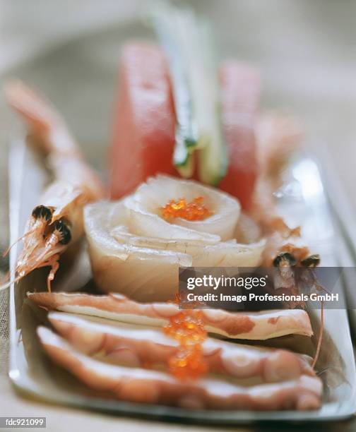 sashimi with salmon caviar - red caviar stock pictures, royalty-free photos & images