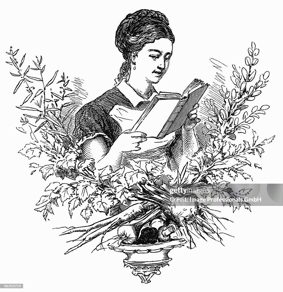 Woman with dictionary of cookery (illustration)