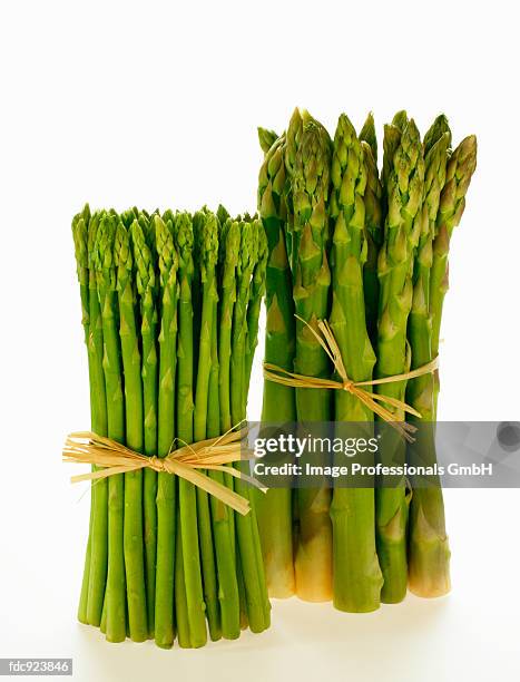 bundle of green asparagus and bundle of thai asparagus - asparagus photos et images de collection