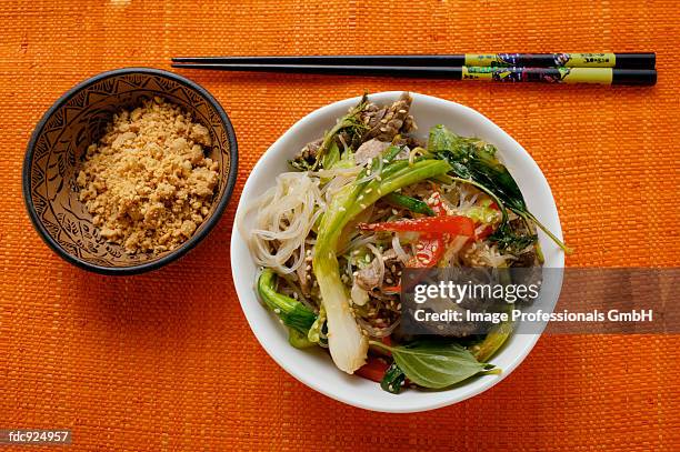 glass noodles with beef and vegetables; chopped peanuts - fideo transparente fotografías e imágenes de stock