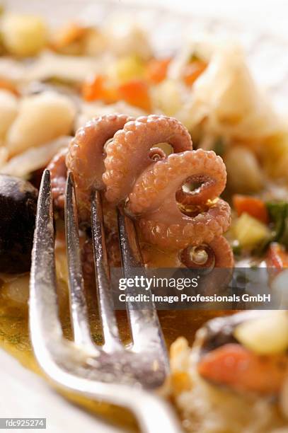 seafood salad with octopus and vegetables - seafood salad stock pictures, royalty-free photos & images