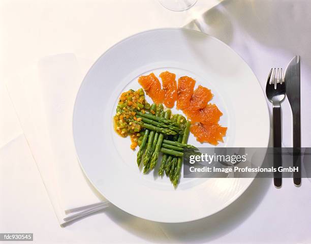 marinated brook char with green asparagus - asparagus photos et images de collection