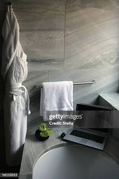 laptop computer on bathtub ledge - stella stock-fotos und bilder