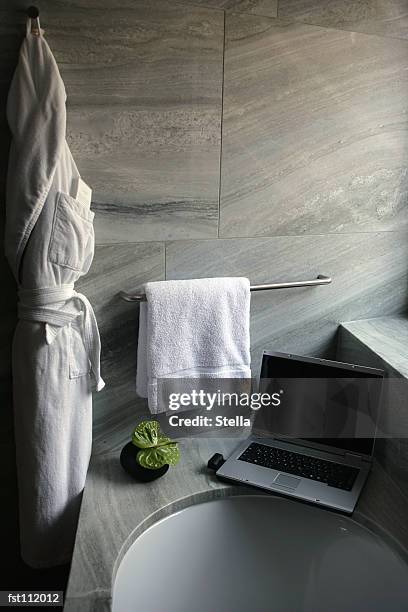 laptop computer on bathtub ledge - stella stock pictures, royalty-free photos & images