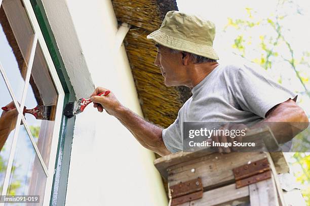 man painting house - window frame foto e immagini stock