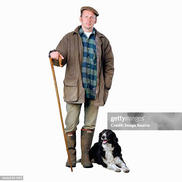 shepherd with border collie dog - hirte stock-fotos und bilder