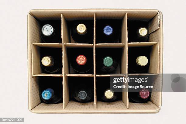 bottles of wine - cardboard box top view stock pictures, royalty-free photos & images