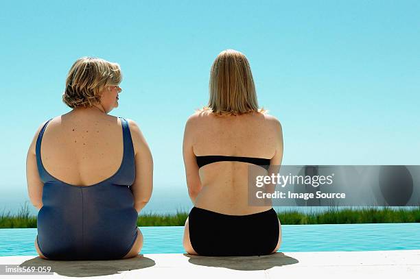 big and curvaceous women at swimming pool - voluptuous stock pictures, royalty-free photos & images