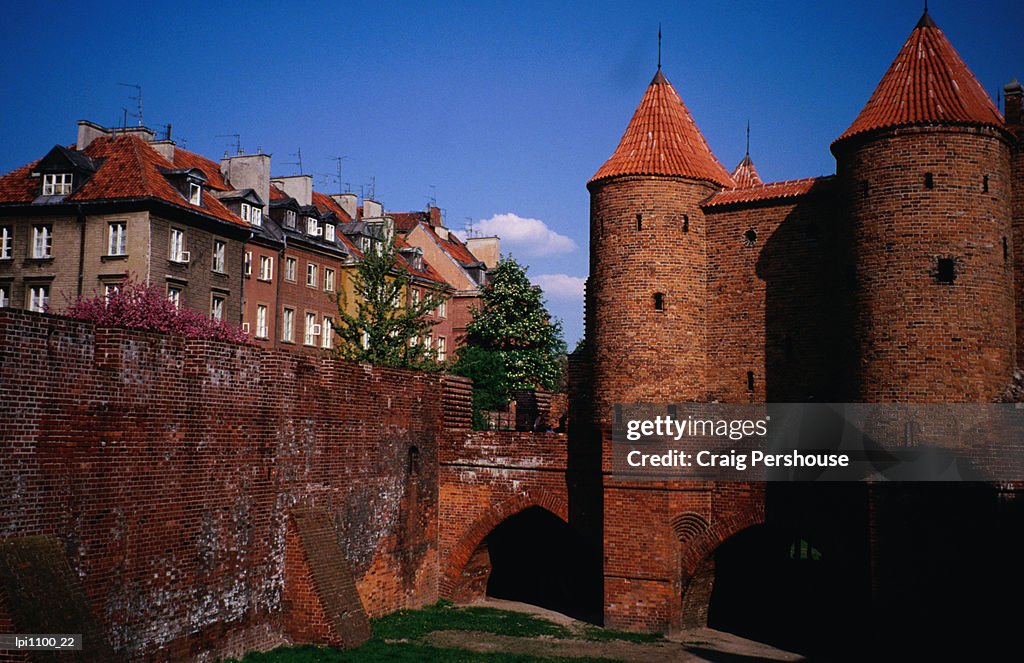 Brick parapets and walls of Barbican, medieval fort, Low angle view, Warsaw, Poland