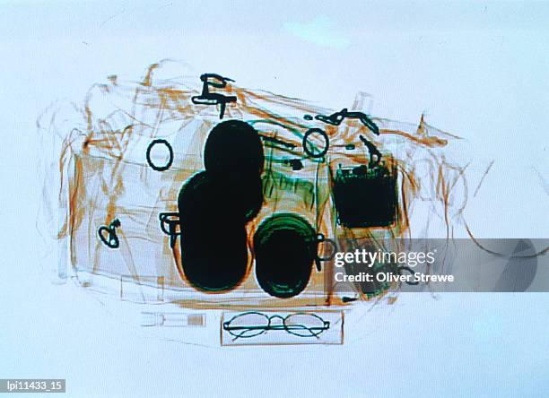 x-ray of cabin luggage at sydney airport, sydney, australia - carry on bag stock pictures, royalty-free photos & images