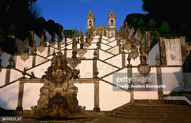 stairway to born jesus do monte church, low angle view, braga, portugal - monte stock pictures, royalty-free photos & images