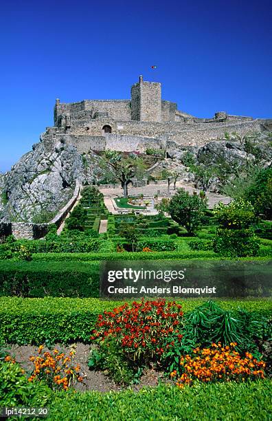 gardens and castelo of marvao, low angle view, marvao, portugal - castelo stockfoto's en -beelden