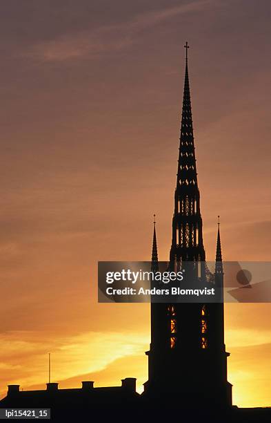 steeple of riddarholmskyrkan at sunset, low angle view, stockholm, sweden - contea di stoccolma foto e immagini stock
