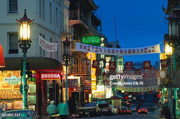 chinatown at night, low angle view, san francisco, united states of america - chinatown stock pictures, royalty-free photos & images
