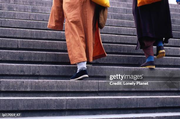 monks ascending stairs in dongcheng district. - dongcheng stock pictures, royalty-free photos & images