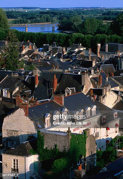 overhead of houses with river in the distance, chinon, france - indre y loira fotografías e imágenes de stock