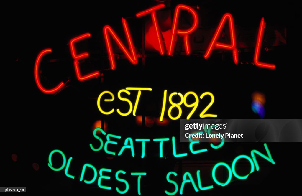 Neon sign of Central Saloon, Seattle, Washington, United States of America, North America