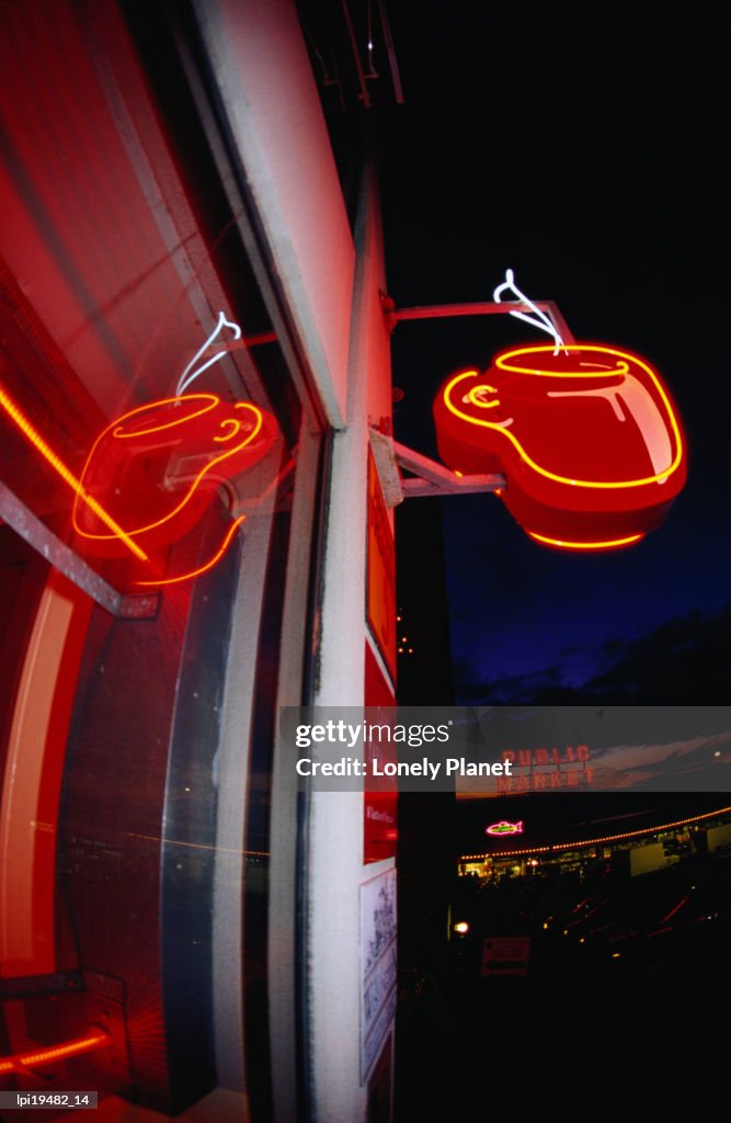 Coffee cup neon sign on Pike Place Market, Seattle, Washington, United States of America, North America